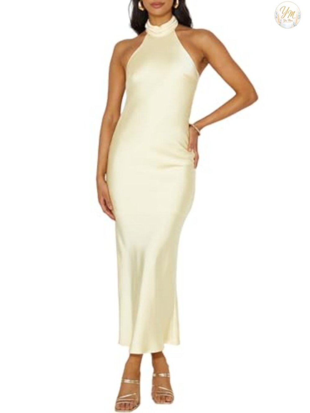 Satin Halter Neck Backless Formal Wedding Guest Maxi Dress